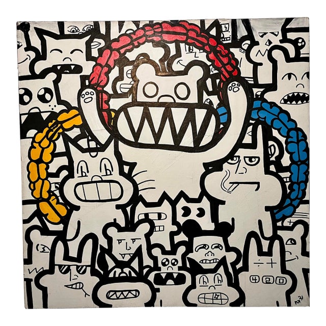 Vintage Black and White Cats Pop Art Graffiti Acrylic on Canvas Signed Unframed For Sale