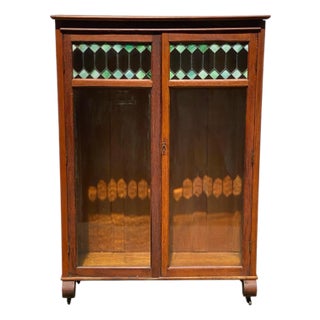 Antique Oak Larkin Bookcase / China Cabinet With Green Slag Glass Doors For Sale