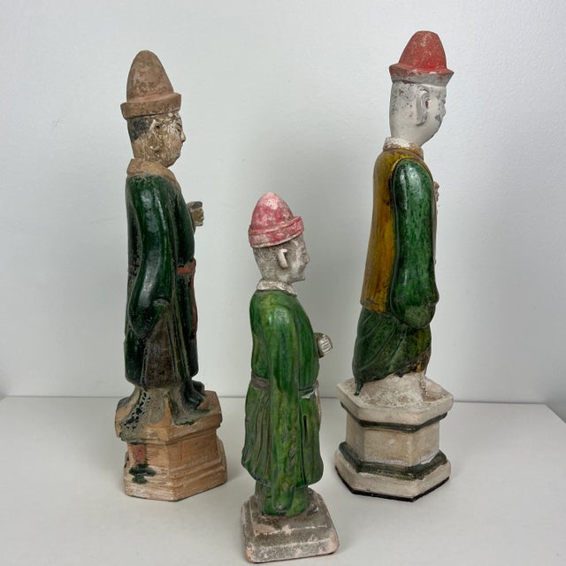 Antique Ming Dynasty Glazed Pottery Tomb Attendant Figures- Set of 3 For Sale - Image 4 of 12