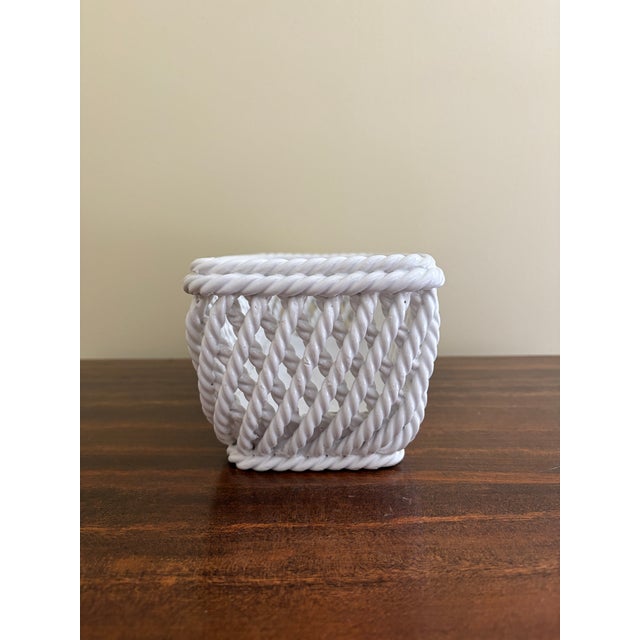 Ceramic French Country Trompe l'Oeil Porcelain Rope Basket Cachepot For Sale - Image 7 of 8