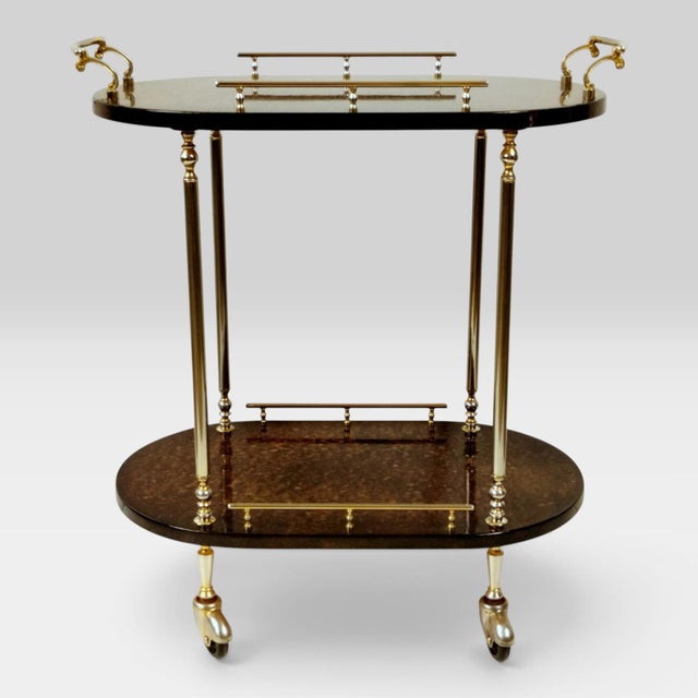 Mid-Century Modern Italian Serving Trolley Bar Cart in Lacquered Goatskin Parchment, 1960s For Sale - Image 4 of 18