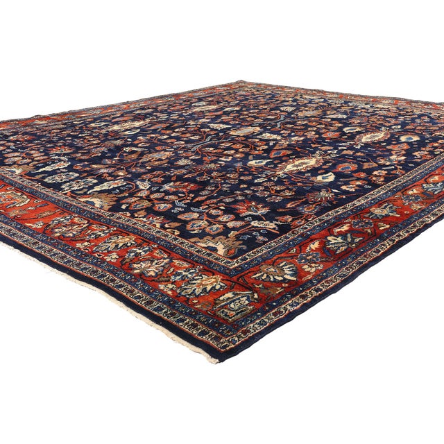 77575 Antique Persian Bibikabad Rug, 10'08 x 12'08. A captivating orchestration of floral rhythm and age-old...
