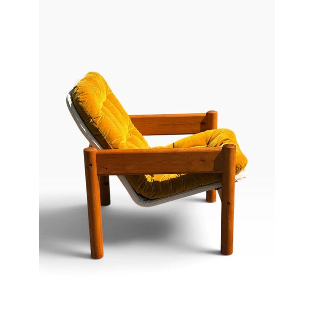 1970s Danish Modern Solid Pine Lounge Armchair | New Canvas Sling & Mustard Velvet Cushion | C. 1970s For Sale - Image 5 of 11