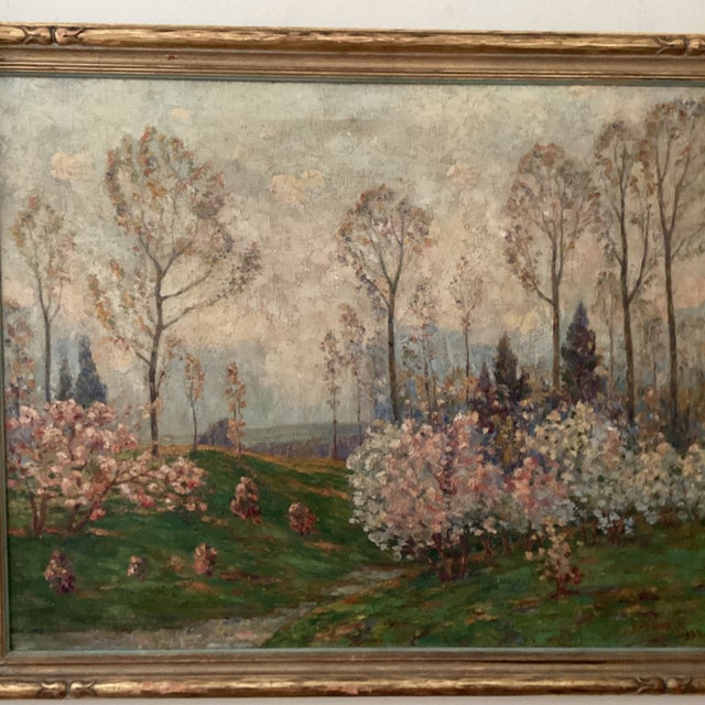 French Impressionistic French Landscape Painting on Canvas" Blooming Trees" Signed Framed Circa 1934 For Sale - Image 3 of 12