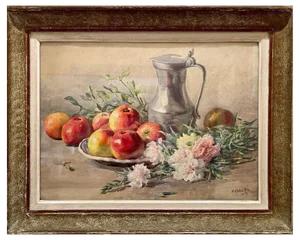 E. Cablet Rinn, Still Life with Apples and Carnations, Oil on Board