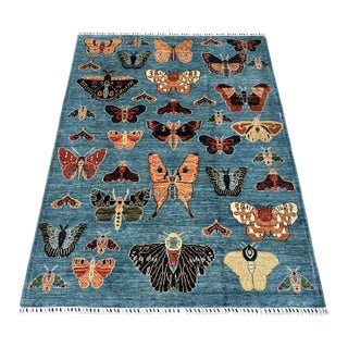Denim Blue Butterfly Moth Pictorial Hand-Knotted Wool Rug - 4'11" X 6'6" For Sale