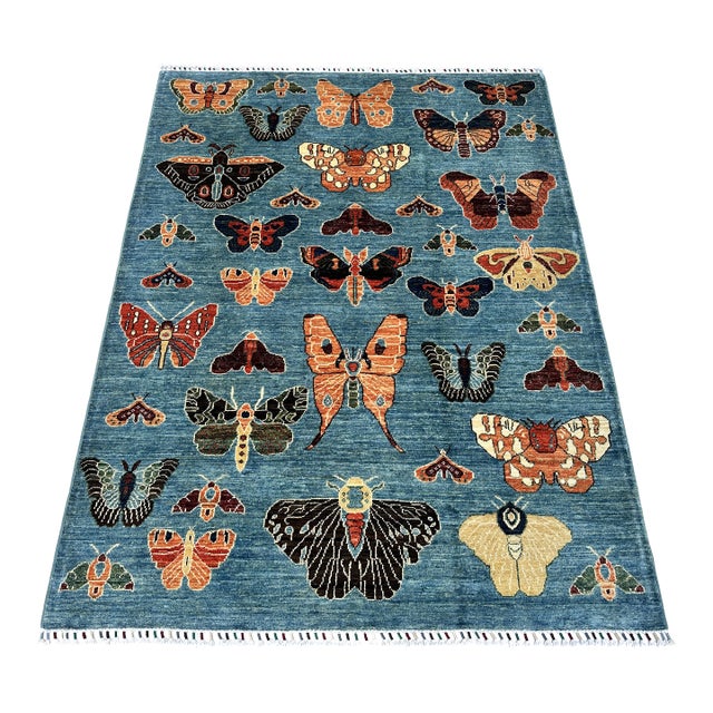 Denim Blue Butterfly Moth Pictorial Hand-Knotted Wool Rug - 4'11" X 6'6" For Sale