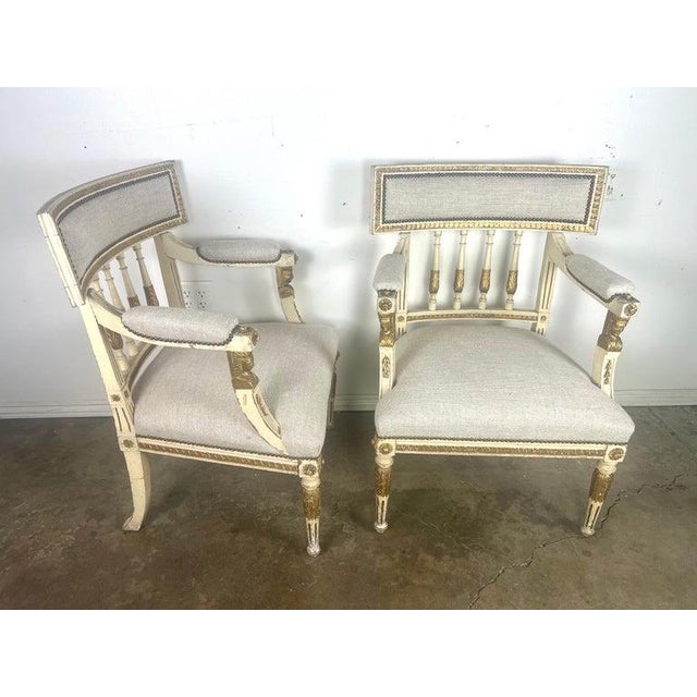 Wood Pair of Italian Neoclassical Style Painted & Parcel Gilt Armchairs C. 1900's For Sale - Image 7 of 15