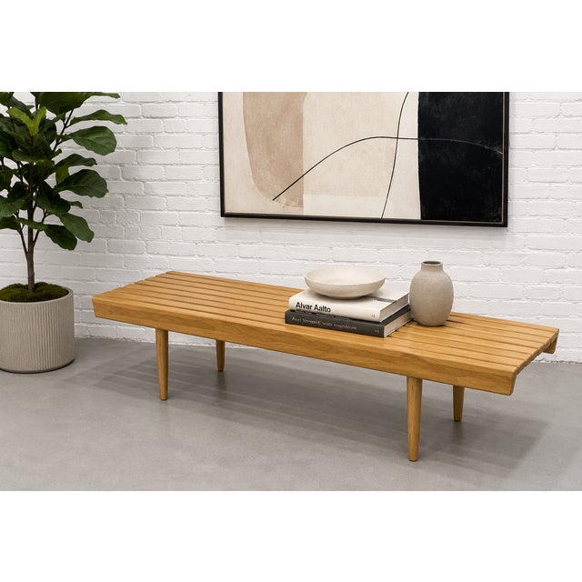 Handmade Mid Century Modern OAK SLAT BENCH / COFFEE TABLE. Crafted from high quality oak, the bench showcases a rich,...