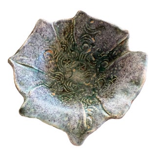 Signed Vintage Studio Pottery Bowl With Sculptural Rim – Blue-Green Glaze, 5.5” For Sale