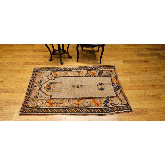 Vintage Persian Kurdish Tribal Area Rug, Hand-Knotted Prayer Pattern, 3x5, Camelhair & Brick Red For Sale - Image 4 of 15