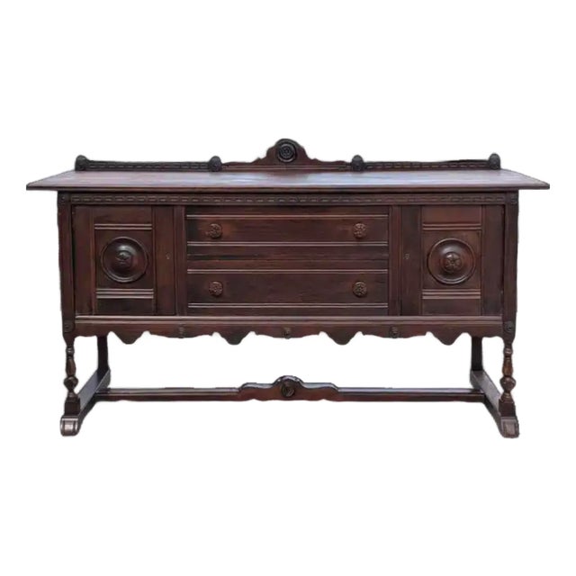 Rare Antique 1920s Signed Baker Furniture Company Walnut Spanish Revival 72" Buffet Sideboard Made in Allegan, Michigan For Sale