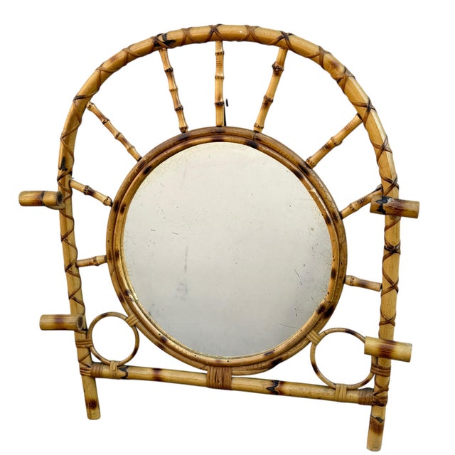 Wood Vintage French Rotin Coat Rack Mirror, 1960s For Sale - Image 7 of 13