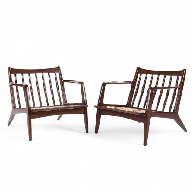 Lawrence Peabody Mid Century Walnut Lounge Chairs - Pair Each lounge chair measures: 30.5 wide x 32.5 deep x 26.75 high,...