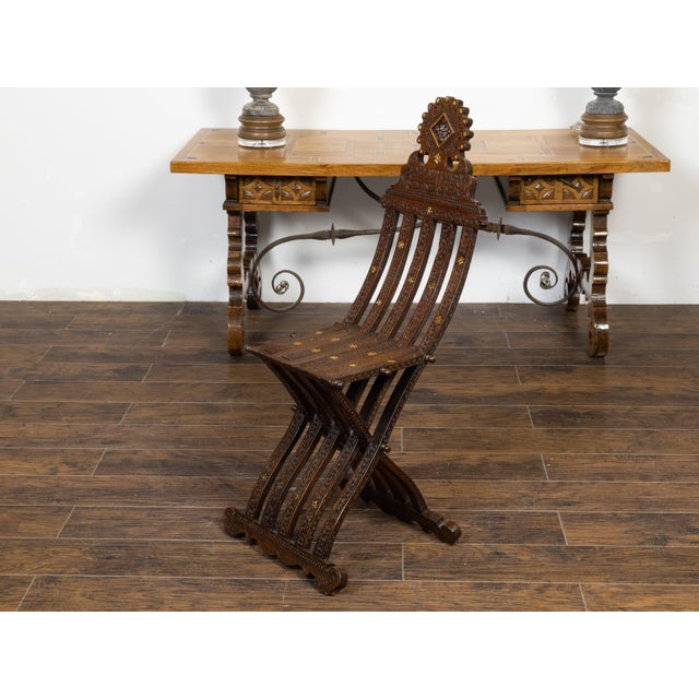 Moroccan Moorish Style 1900s Side Chair with Richly Carved Décor and Star Inlay For Sale - Image 11 of 12