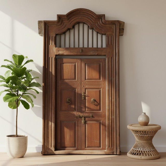 Dimensions: 58.5” wide X 6” deep X 115” high Add beauty and grandeur to your home with this antique door with transom....