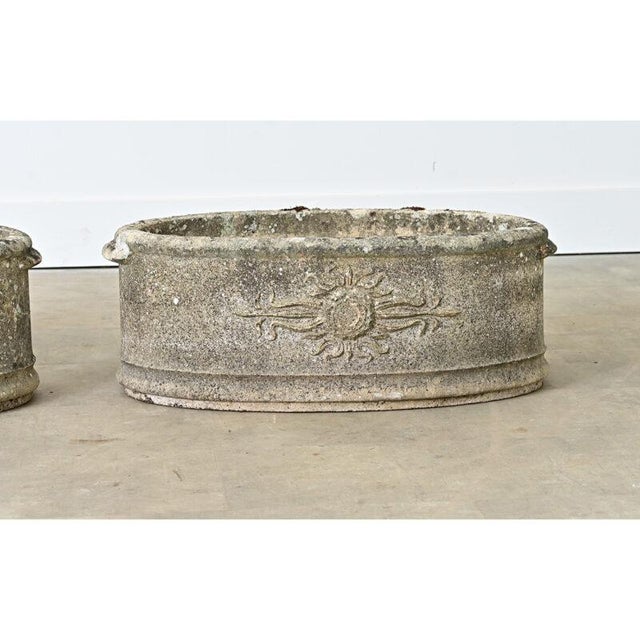 English Pair of 1920s Oval Cast Stone Planters For Sale - Image 4 of 11