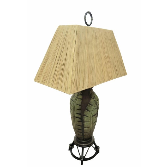 Traditional 1990s Tropical Banana Leaf Iron Base Regency Raffia Shade Table Lamp For Sale - Image 3 of 9