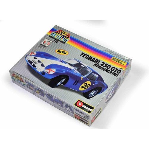 A boxed burago die-cast metal model kit depicting the legendary ferrari 250 gto, finished in the celebrated nürburgring...