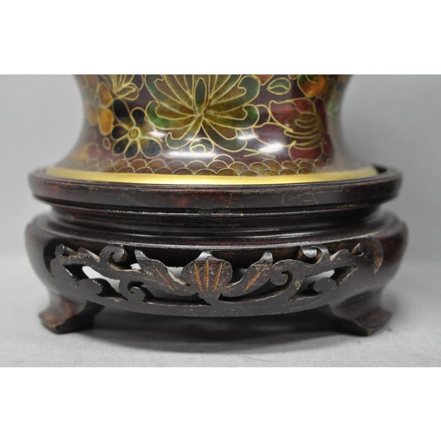 Vintage Cloisonné Chinese Small Enameled Brown Covered Ginger Jar on Stand, Pair For Sale - Image 16 of 18