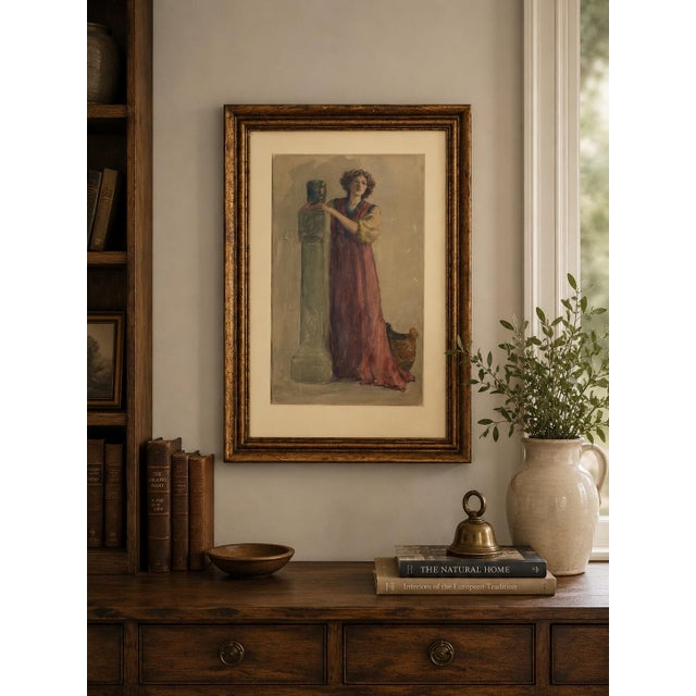 Elegant antique watercolor of a classical woman, capturing a quiet, timeless moment through flowing drapery and soft,...