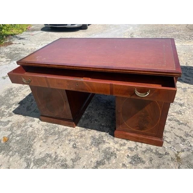Late 19th Century Antique English Mahogany Inlaid Partner Desk Leather Top Circa 1890 For Sale - Image 5 of 7
