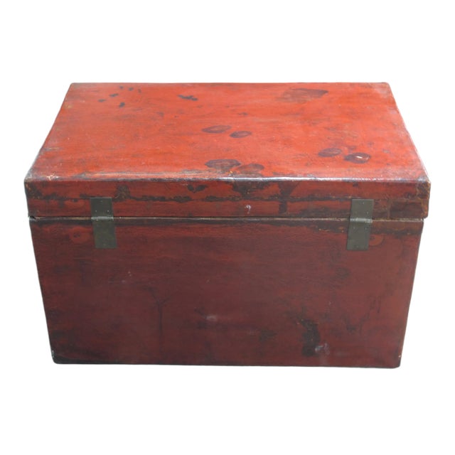 Red 31" Inch Long Antique Red Leather Accent Trunk Table For Sale - Image 10 of 12