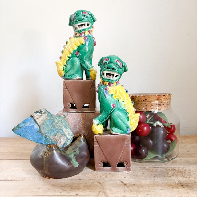 Hollywood Regency Antique Famille Verte Style Ceramic Foo Dog Pair: Green, Yellow and Brown Glazed Asian Figurines For Sale - Image 3 of 11