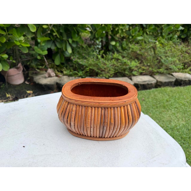 Brown Vintage Rattan Cachepot With Decorative Wood Trim For Sale - Image 8 of 12