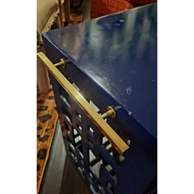 Custom Made Painted Deep Navy Blue Chippendale Fretwork Narrow Elongated Side Table Gold Handles For Sale - Image 9 of 9
