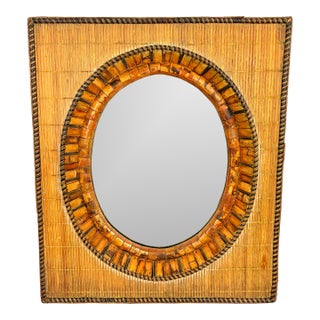 Italian Bamboo Tile & Rattan Wall Mirror – Beveled Oval Glass, Mid-Century Modern, 1960s For Sale