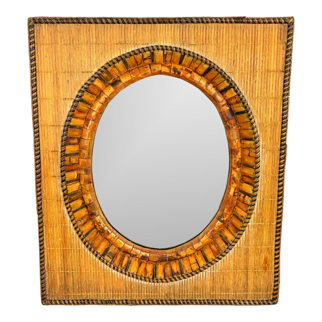 Italian Bamboo Tile & Rattan Wall Mirror – Beveled Oval Glass, Mid-Century Modern, 1960s For Sale