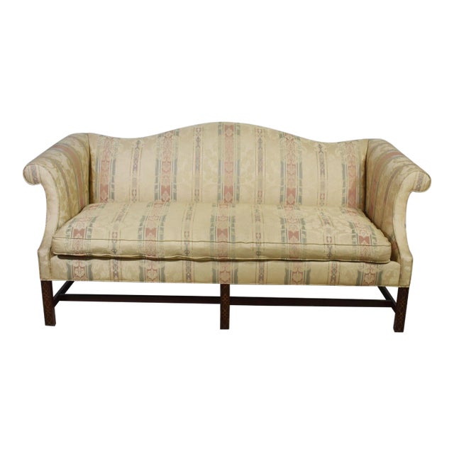 Southwood Mahogany Chinese Chippendale Style Sofa Fretwork Legs Damask Fabric For Sale
