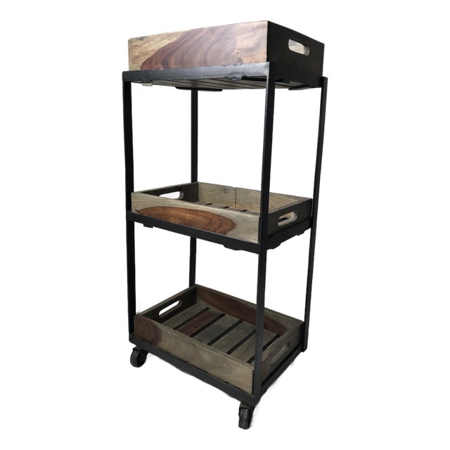1970s Heavy-Duty Industrial Grade 3-Tier Rolling Cart in Exceptionally Rare True Argentine Greenheart Wood & Heavy Iron Base For Sale