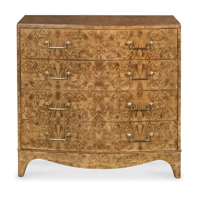 Stunning bowfront chest featuring bleached oak burl and custom hardware. Four drawers.