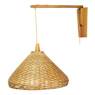 Czechoslovak Rattan and Wood Swing Arm Wall Lamp, 1960s For Sale