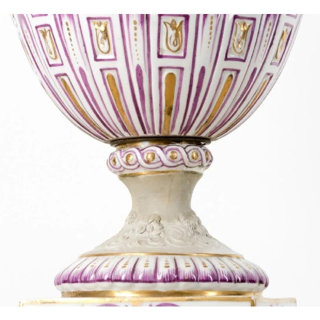 Large bisque and enamel decorated glazed porcelain vase converted to a table lamp, featuring muses and Bacchus handles...