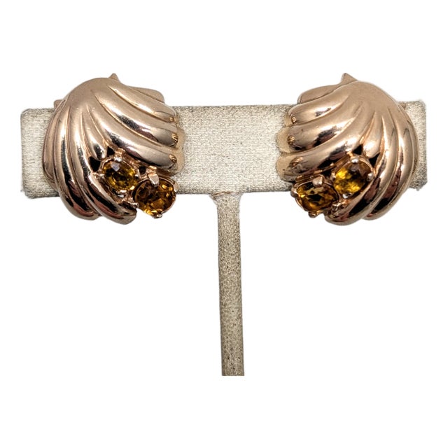 Vintage 1950s Signed Castlecliff Goldtone Faux-Citrine Clip Earrings-2 Pieces For Sale