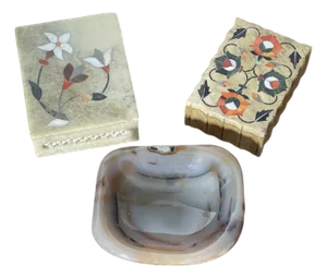 Set of 3, Antique Pietra Dura Stone Boxes Dish Desk Accessories