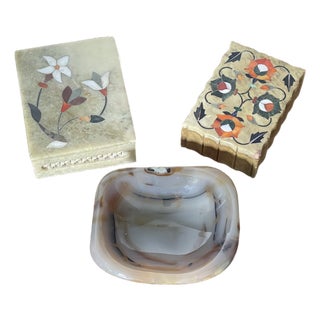 Set of 3, Antique Stone Boxes Dish Desk Accessories For Sale