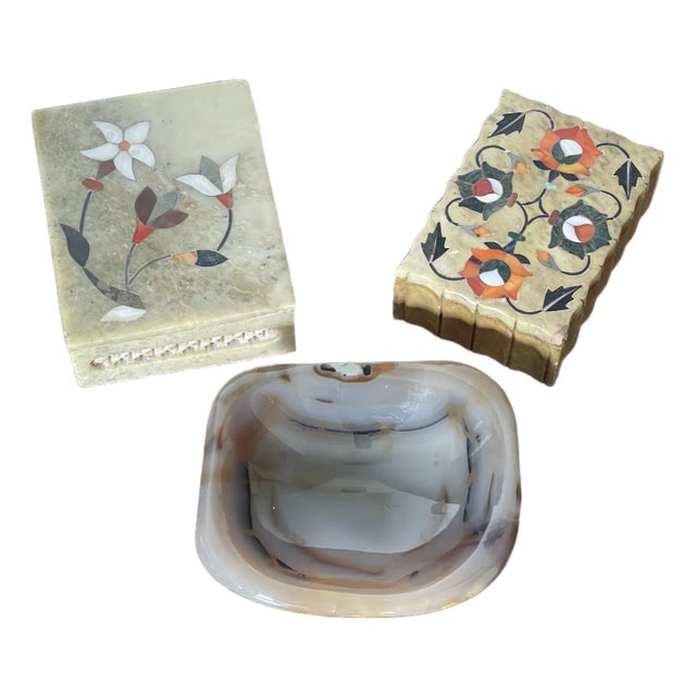 Set of 3, Antique Stone Boxes Dish Desk Accessories For Sale