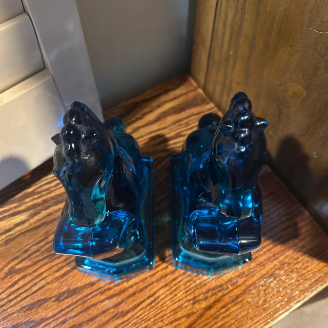 Peacock Blue Glass Rearing Horse Statues From 1940’s Art Deco Mid Century For Sale In Palm Springs - Image 6 of 10