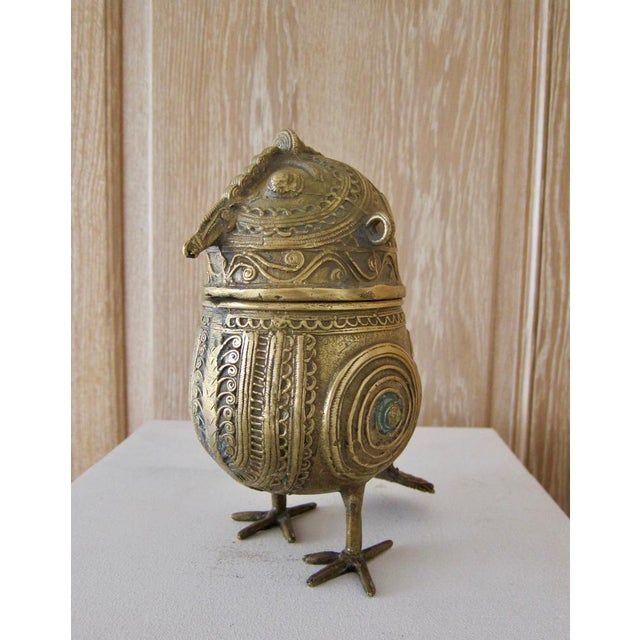 Singular Indian Dhokra golden bronze figural container sculpture in the form of an owl. Very thick heavy bronze weighting...