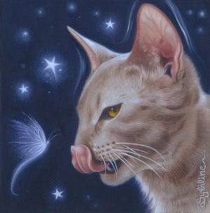 Delicious by Sybiline | Oil on paper pasted panel Cat licking its lips with a butterfly in a starry background.