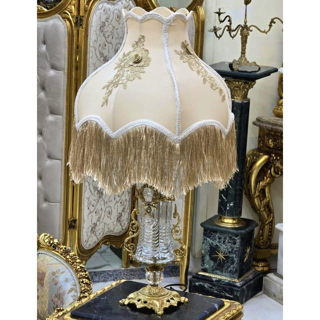 2010s French Crystal Table Lamp – Beige & Ivory Shade With Gold Leaf For Sale - Image 5 of 6