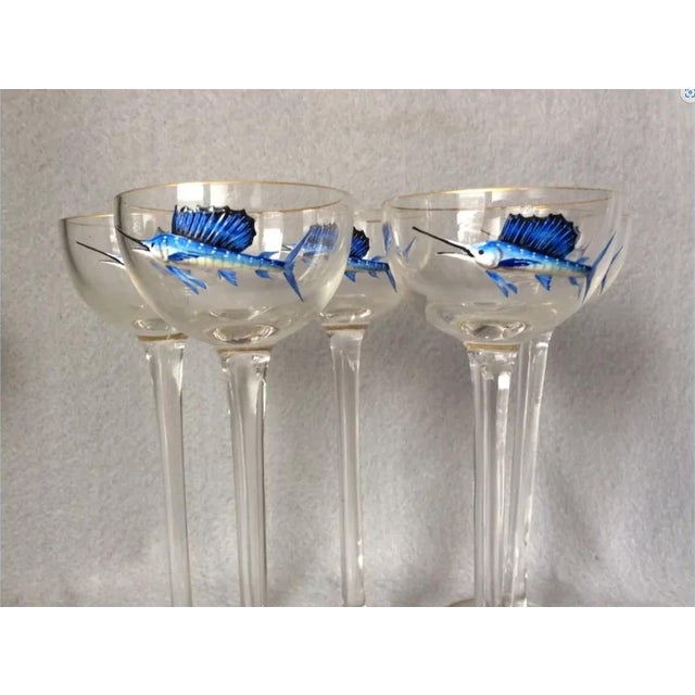 Art Deco Antique Enameled Cordial Glasses With Swordfish Motif For Sale - Image 3 of 6