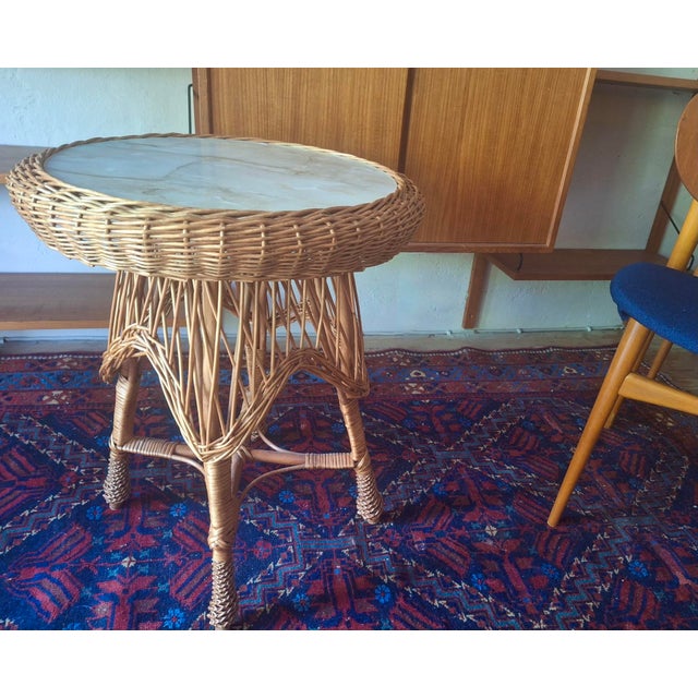 Wood Circular Bamboo and Faux Marble Coffee Table, 1960s For Sale - Image 7 of 8