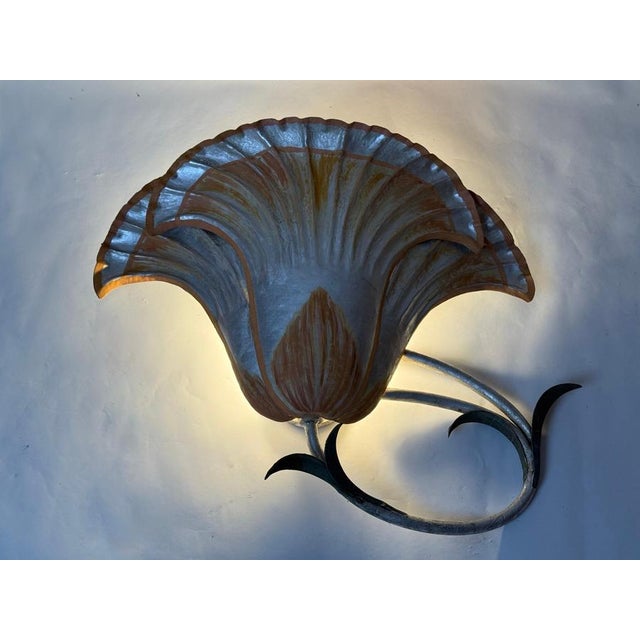 Metal Large Italian Silver Leaf and Metal Flower Wall Sconces, 1970s, Set of 2 For Sale - Image 7 of 18