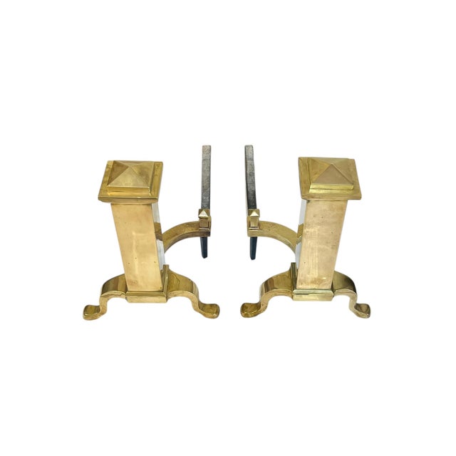 Pair antique cast brass and iron andirons. Nice heavy weight, solid structure. Classic clean lines fit in almost any decor...