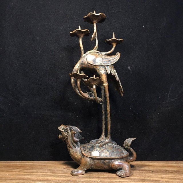 Pair of Vintage Bronze Turtle Dragon and Crane Candle Holders For Sale - Image 9 of 9